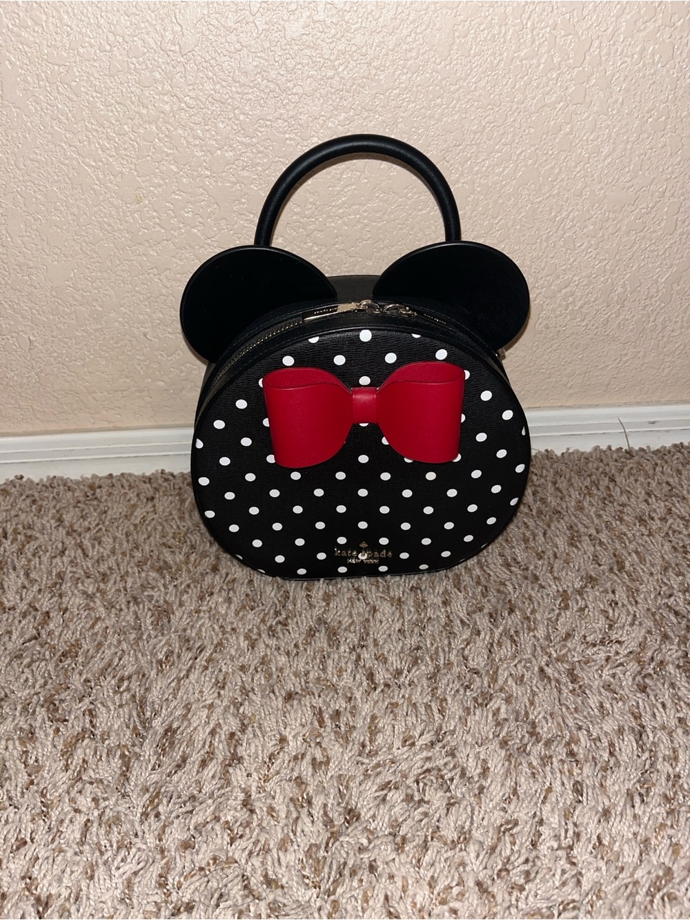 kate spade Black/White Polka Dot Mini Top-Handle Bag with Red Bow